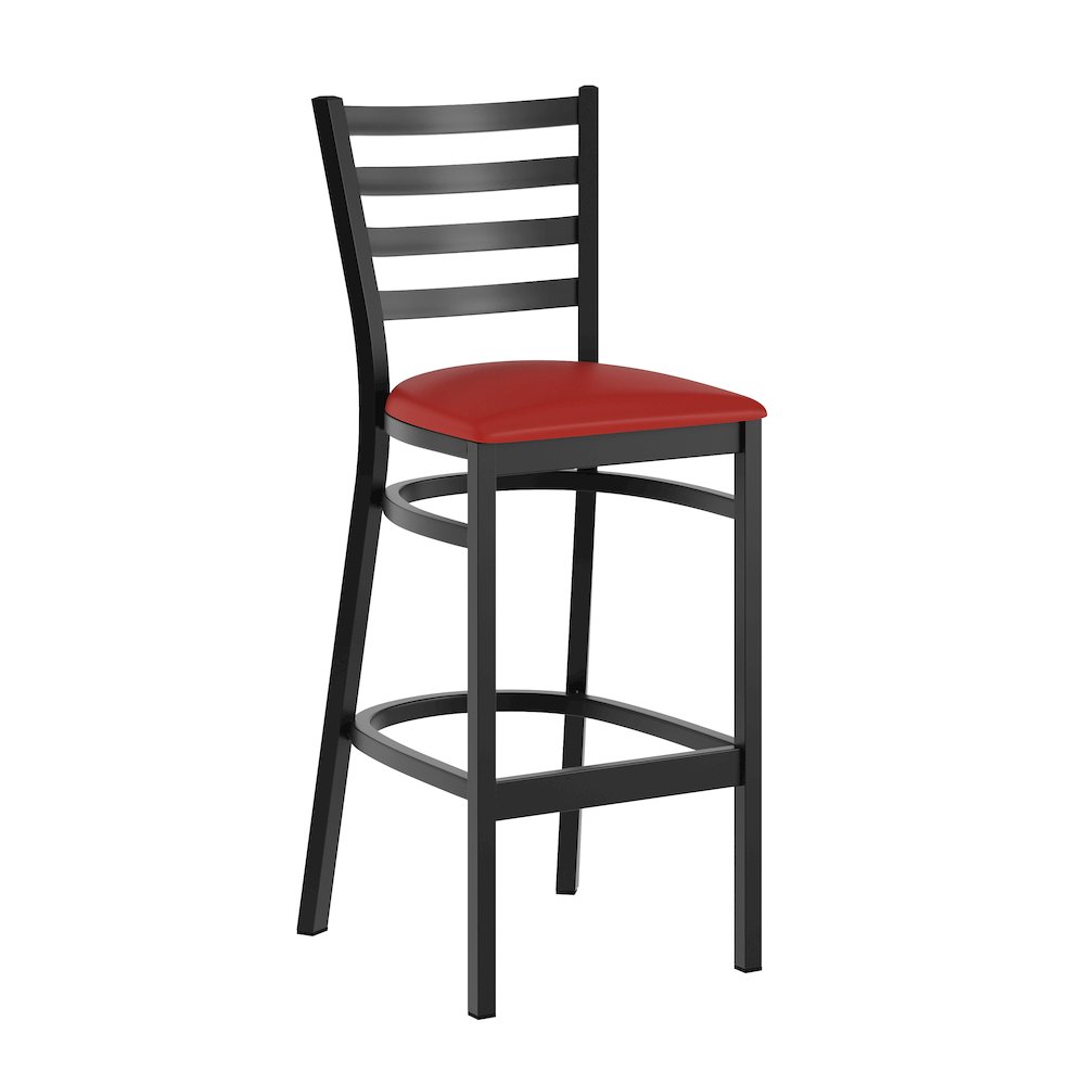 HERCULES Black Ladder Back Metal Restaurant Barstool - Red Vinyl Seat. Picture 1