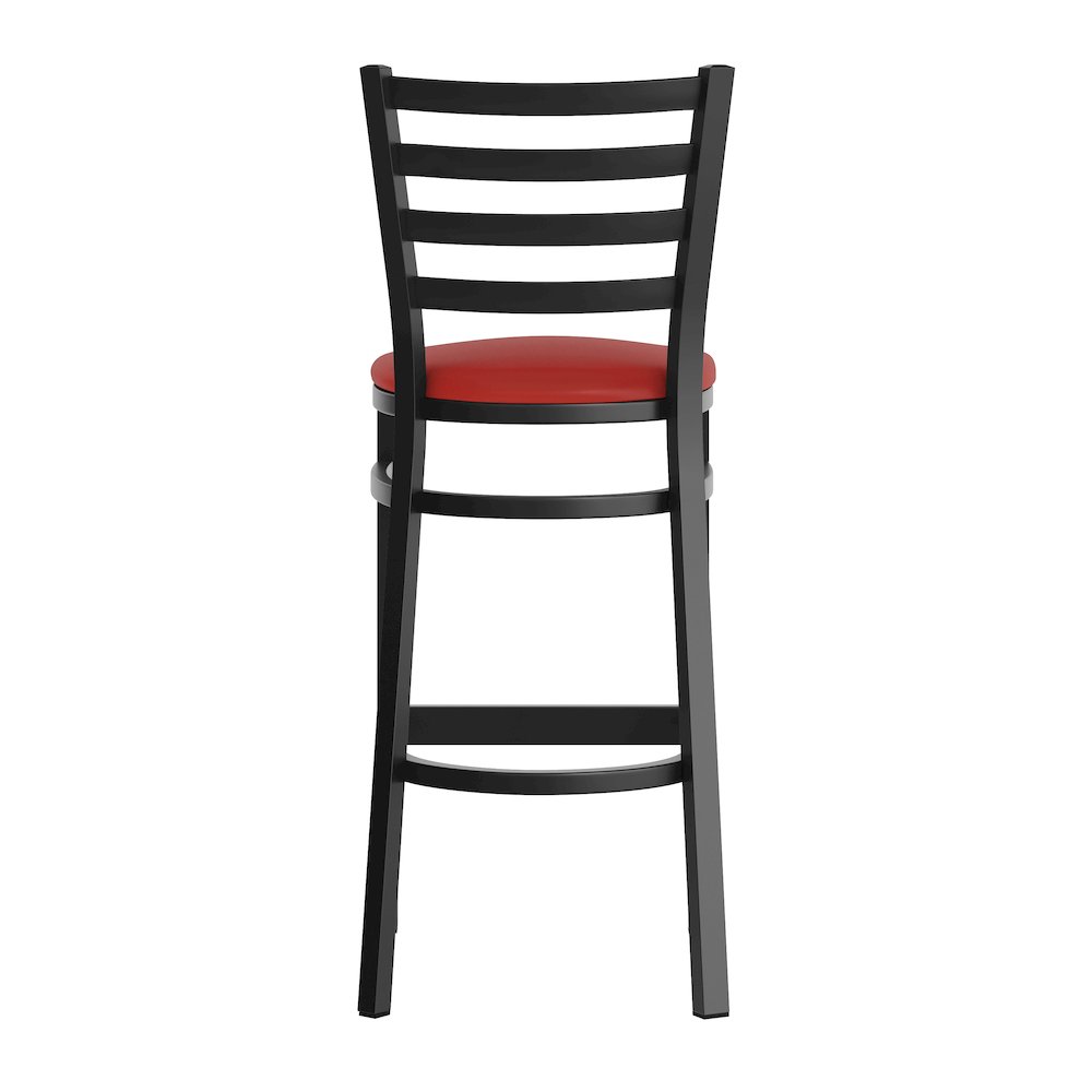 HERCULES Black Ladder Back Metal Restaurant Barstool - Red Vinyl Seat. Picture 7