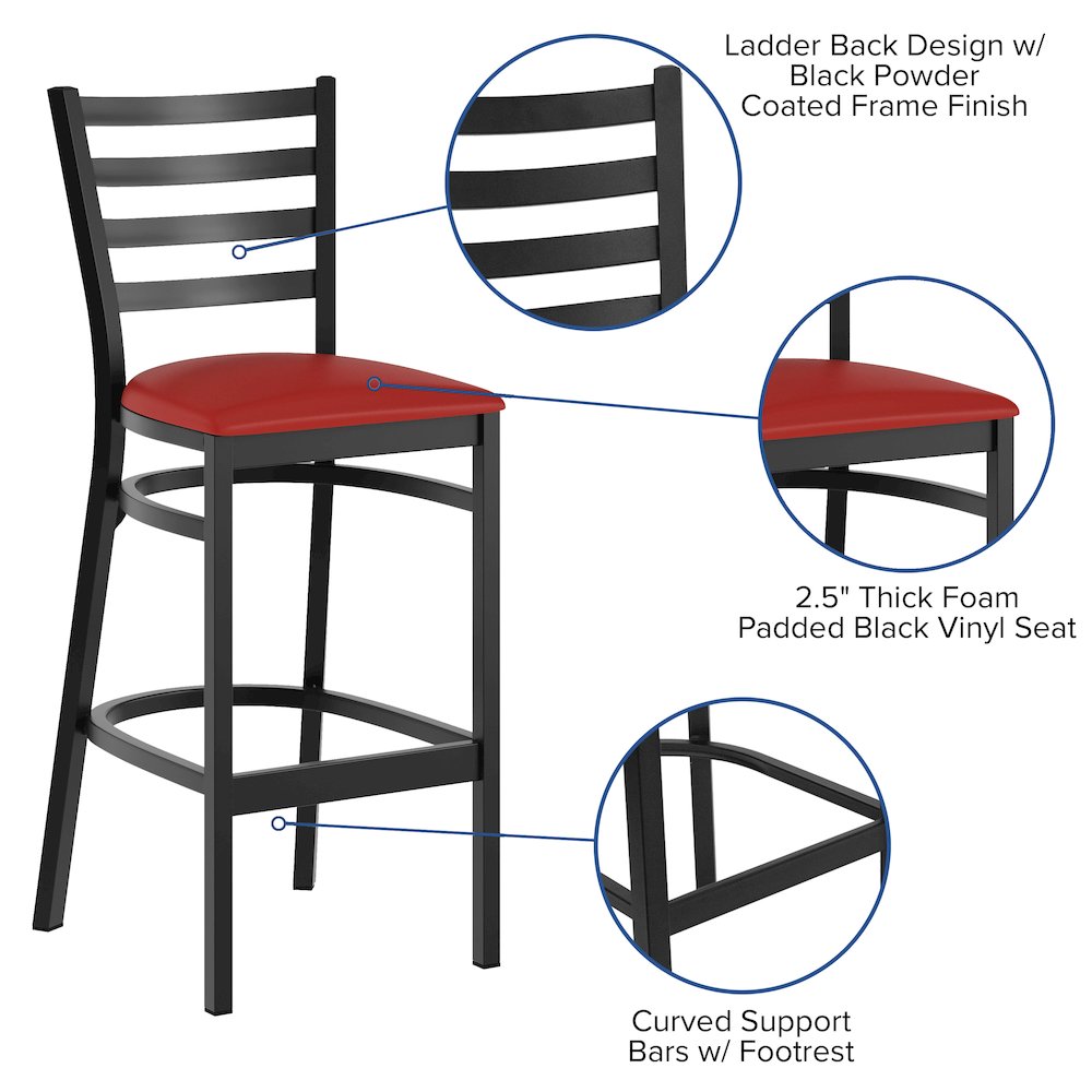 HERCULES Black Ladder Back Metal Restaurant Barstool - Red Vinyl Seat. Picture 4
