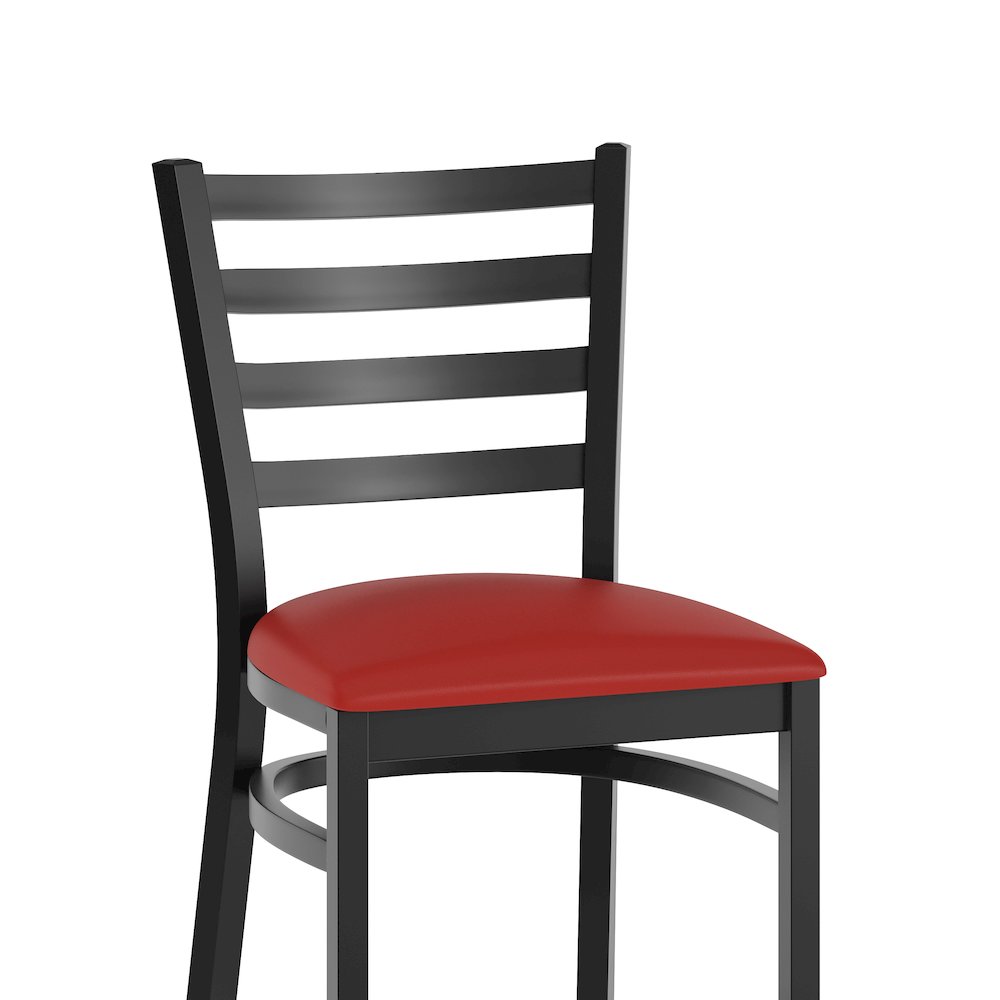 HERCULES Black Ladder Back Metal Restaurant Barstool - Red Vinyl Seat. Picture 8
