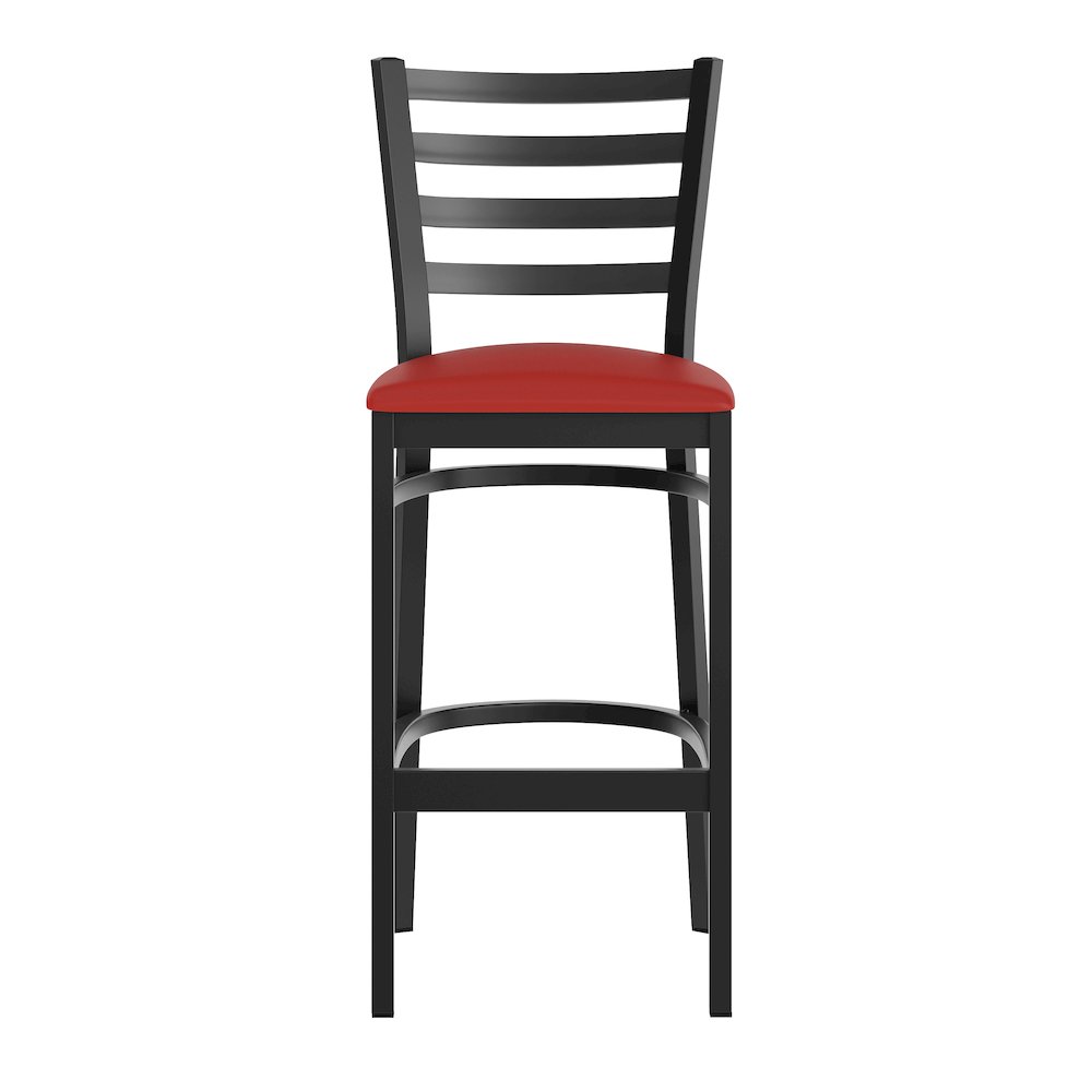 HERCULES Black Ladder Back Metal Restaurant Barstool - Red Vinyl Seat. Picture 10