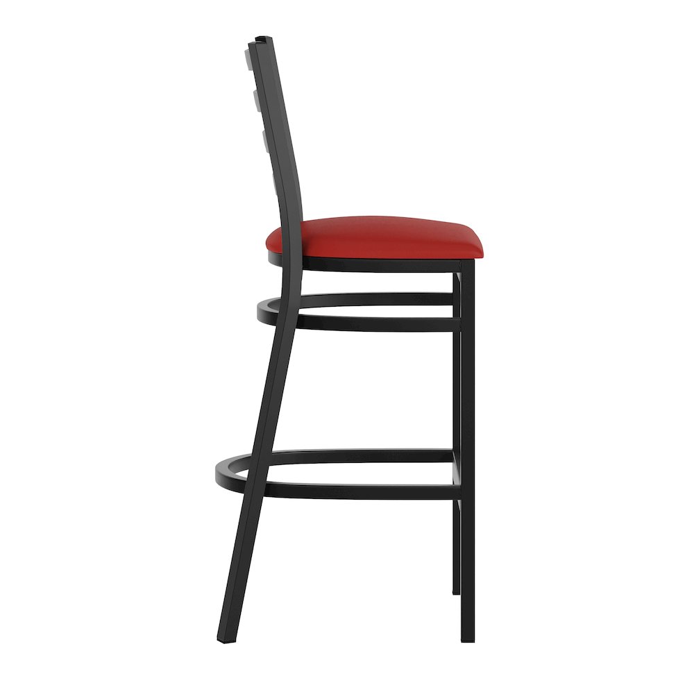 HERCULES Black Ladder Back Metal Restaurant Barstool - Red Vinyl Seat. Picture 9