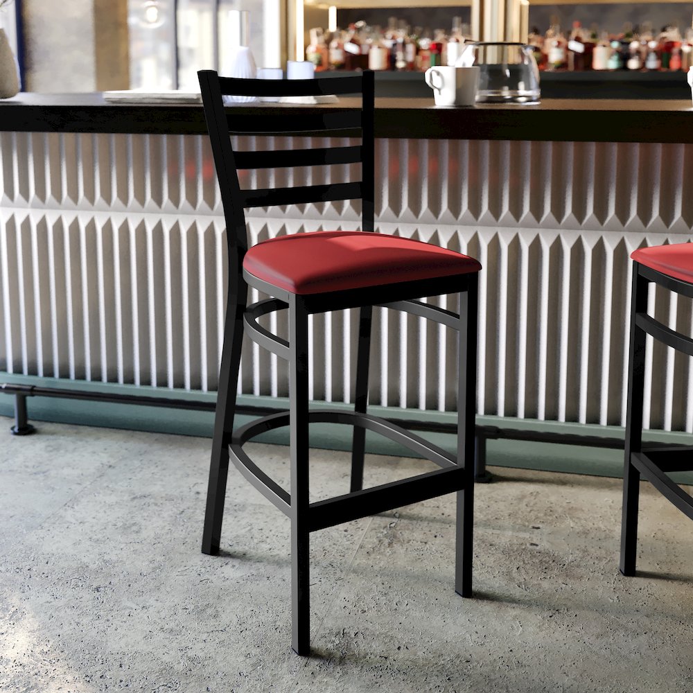 HERCULES Black Ladder Back Metal Restaurant Barstool - Red Vinyl Seat. Picture 3