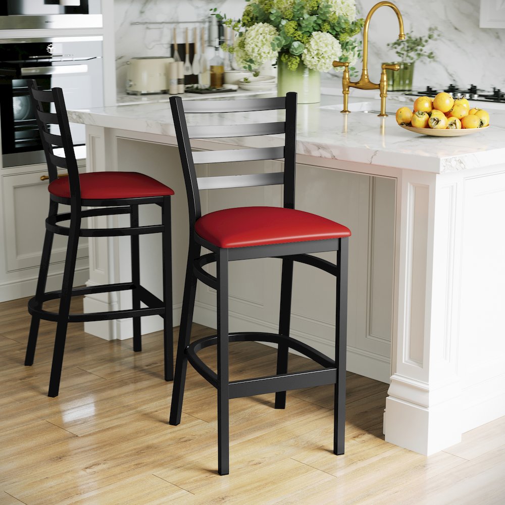 HERCULES Black Ladder Back Metal Restaurant Barstool - Red Vinyl Seat. Picture 6