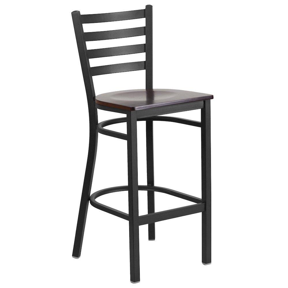 Black Ladder Back Metal Restaurant Barstool - Walnut Wood Seat. Picture 1