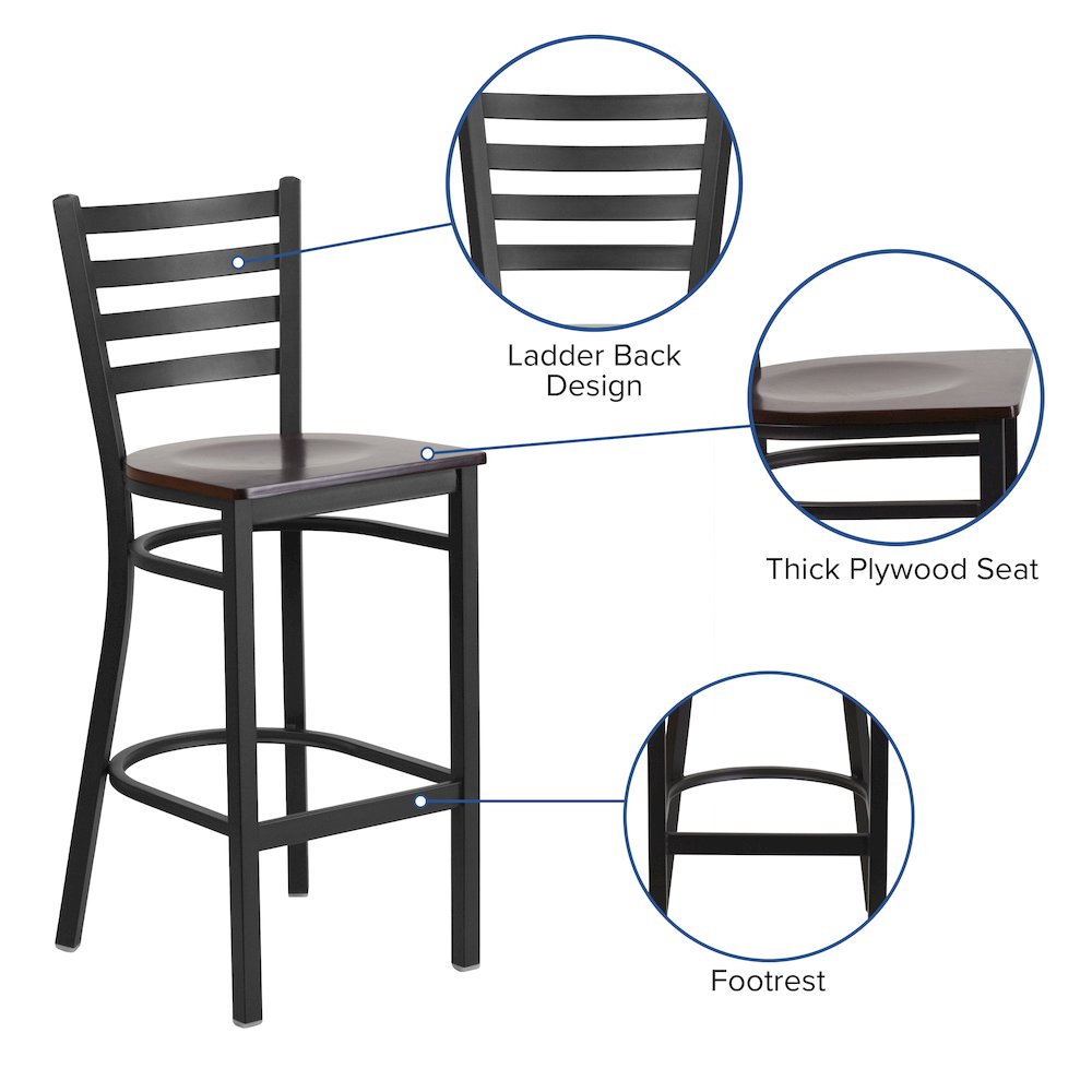 Black Ladder Back Metal Restaurant Barstool - Walnut Wood Seat. Picture 4