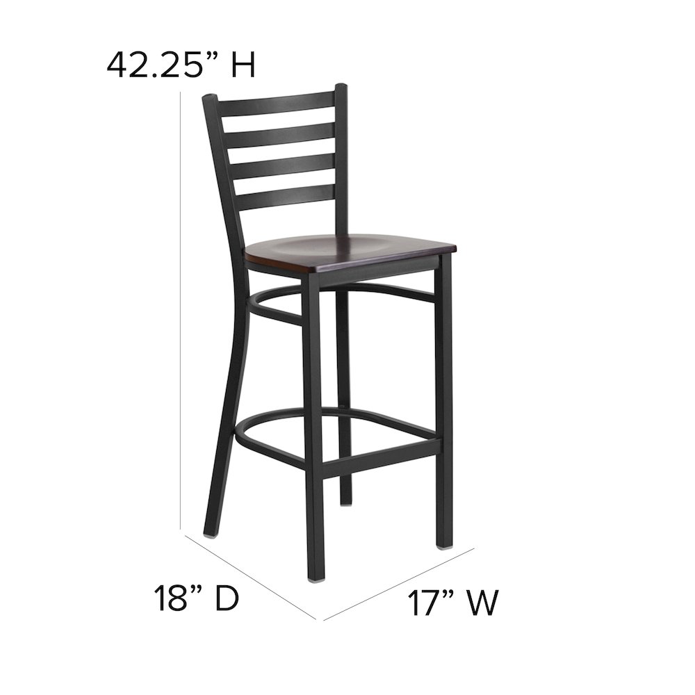 Black Ladder Back Metal Restaurant Barstool - Walnut Wood Seat. Picture 5