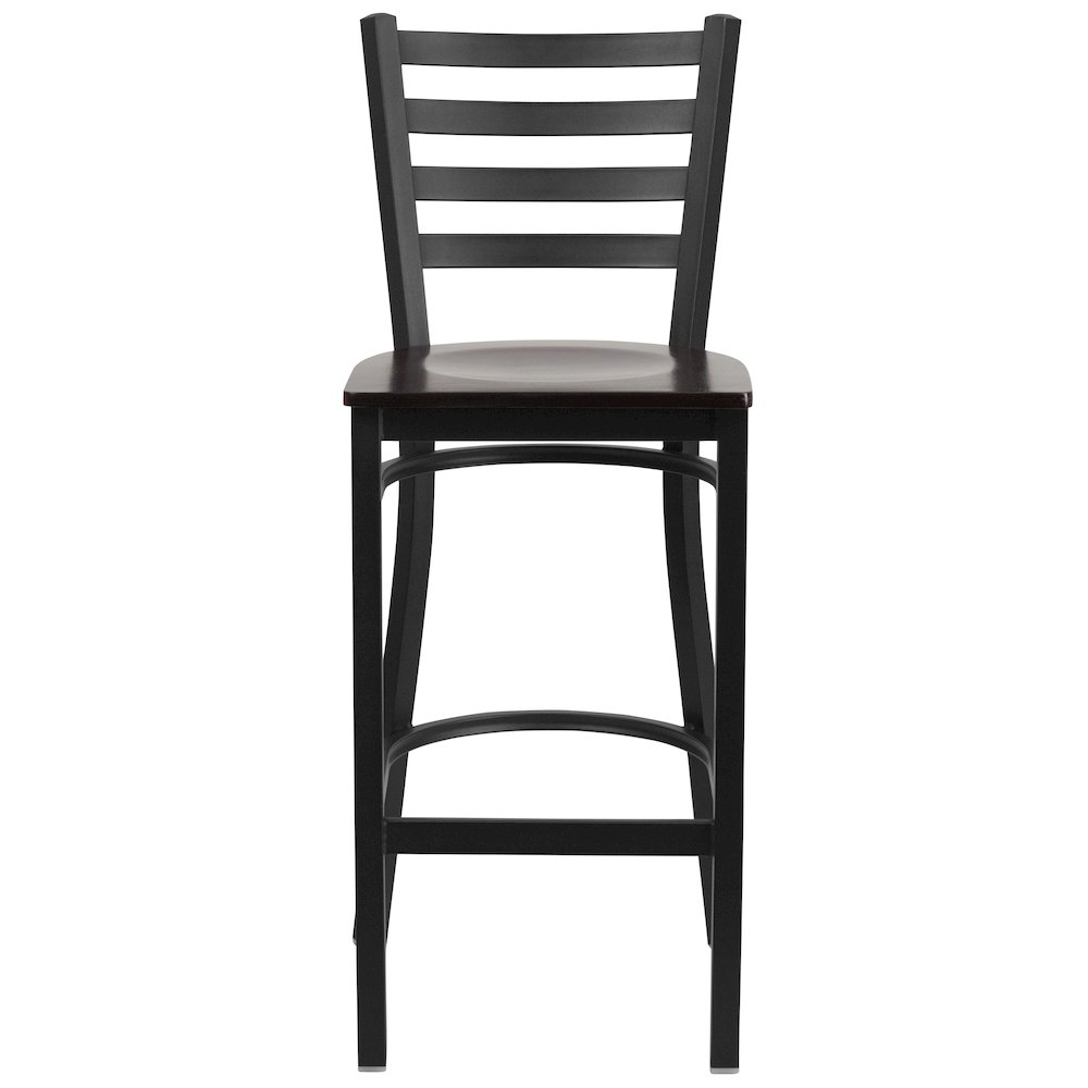 Black Ladder Back Metal Restaurant Barstool - Walnut Wood Seat. Picture 10