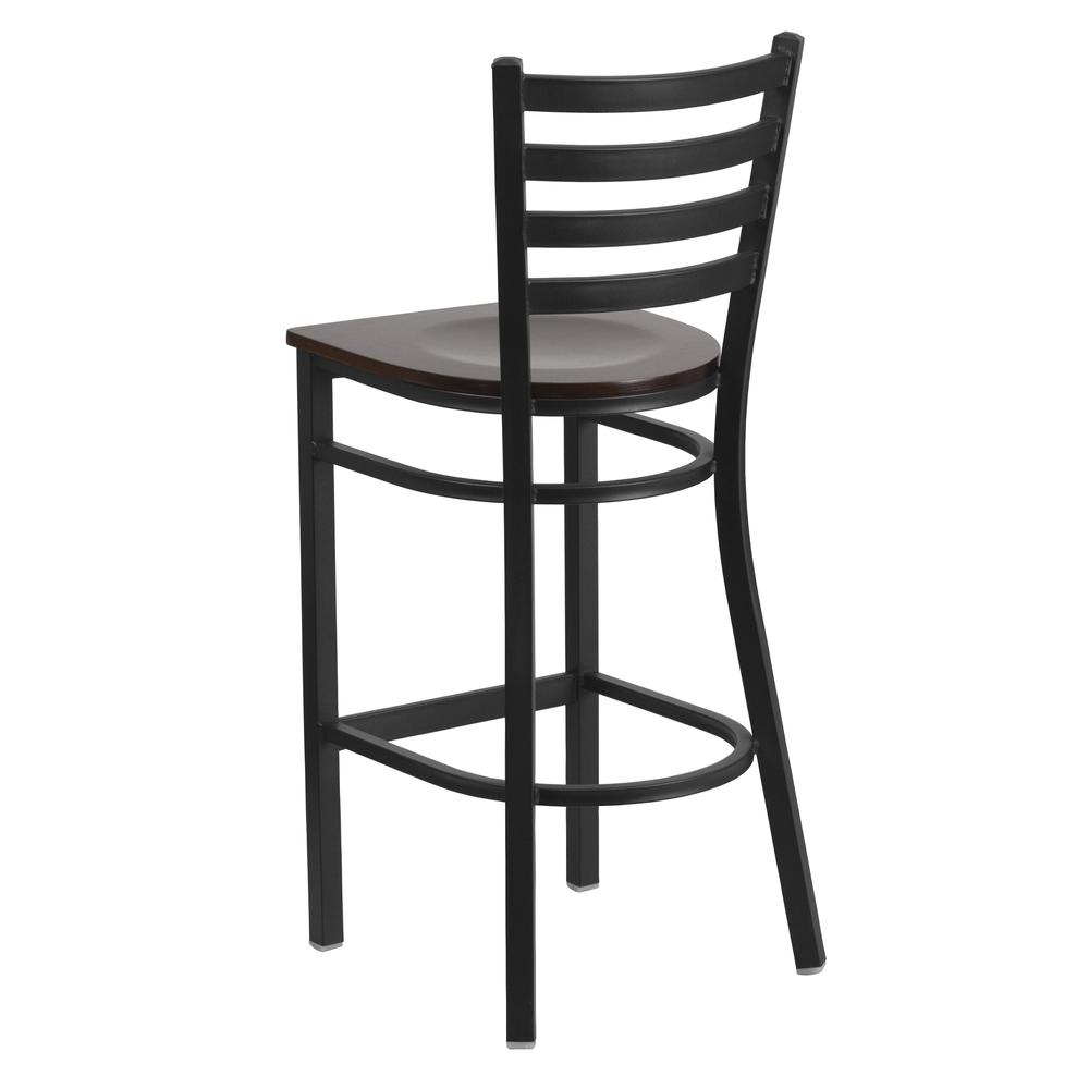 Black Ladder Back Metal Restaurant Barstool - Walnut Wood Seat. Picture 3