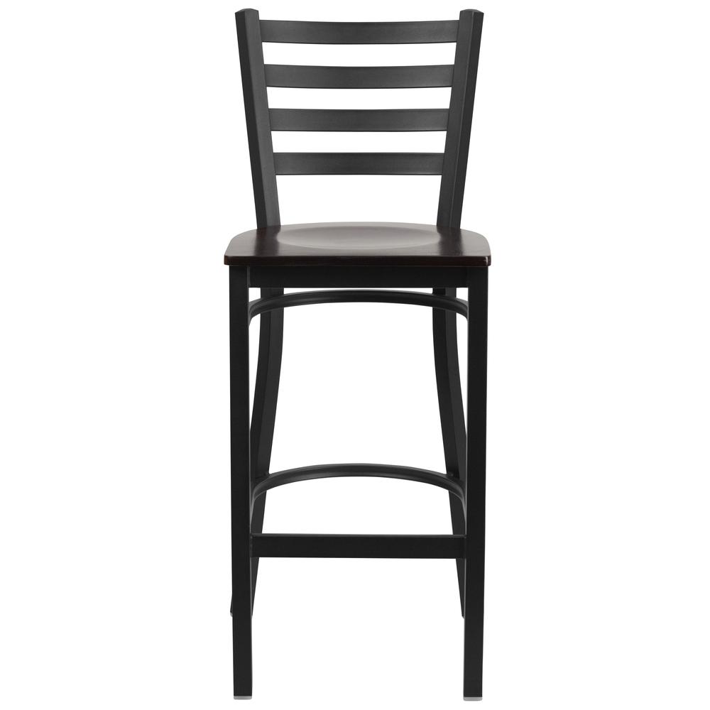 Black Ladder Back Metal Restaurant Barstool - Walnut Wood Seat. Picture 4