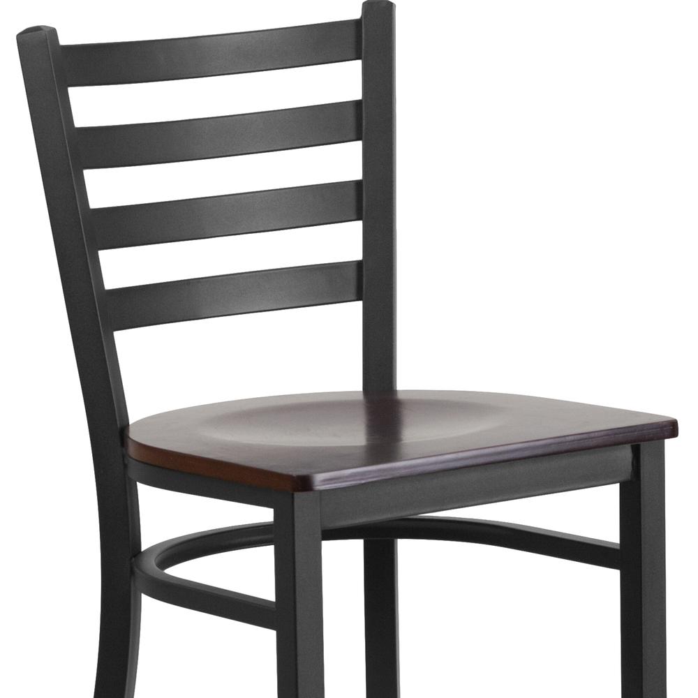 Black Ladder Back Metal Restaurant Barstool - Walnut Wood Seat. Picture 5