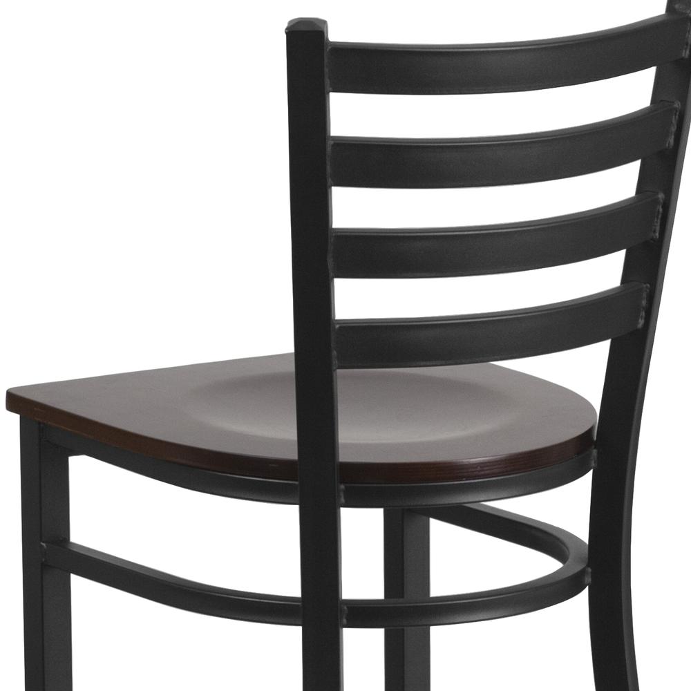 Black Ladder Back Metal Restaurant Barstool - Walnut Wood Seat. Picture 6