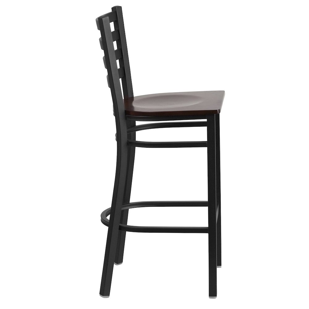 Black Ladder Back Metal Restaurant Barstool - Walnut Wood Seat. Picture 9