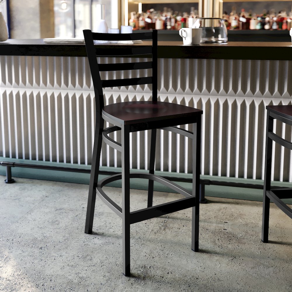 Black Ladder Back Metal Restaurant Barstool - Walnut Wood Seat. Picture 7