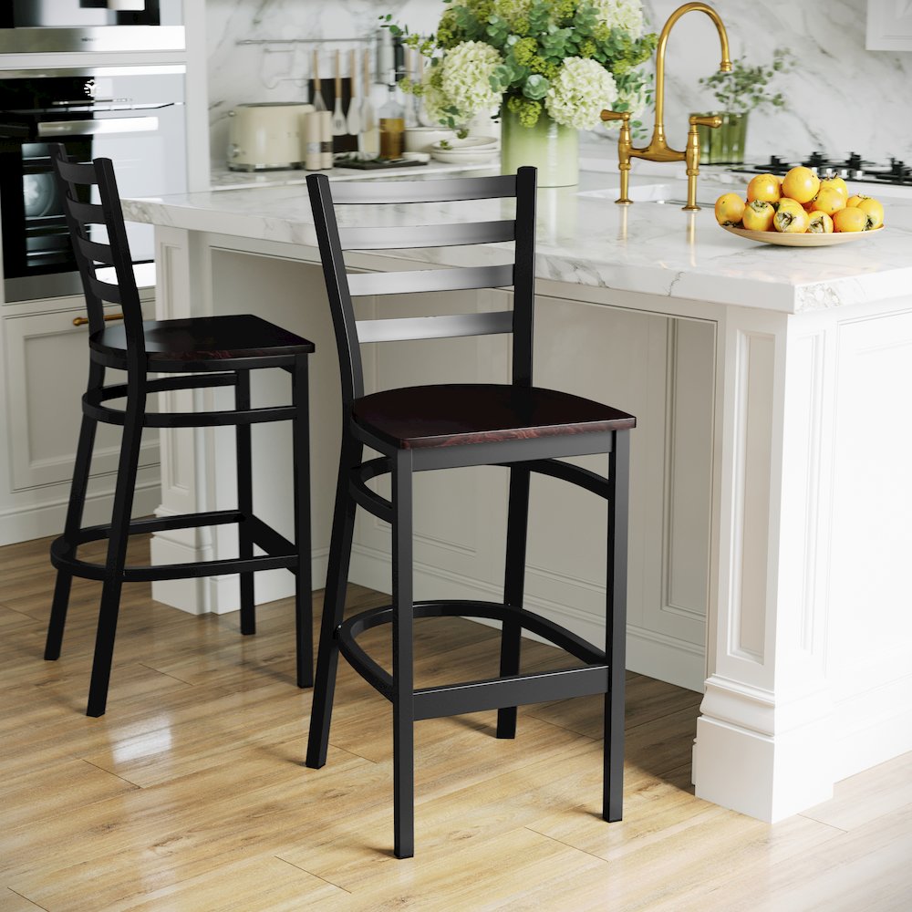 Black Ladder Back Metal Restaurant Barstool - Walnut Wood Seat. Picture 6