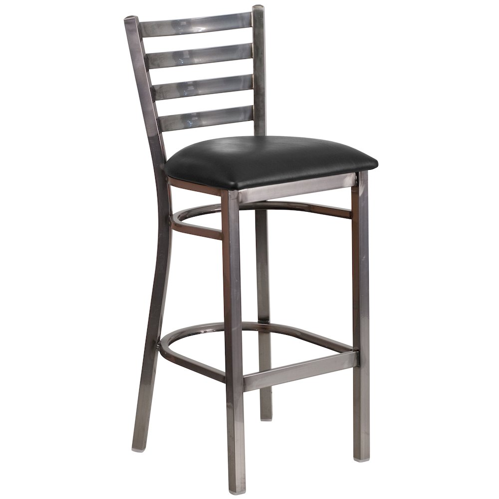 Clear Coated Ladder Back Metal Restaurant Barstool - Black Vinyl Seat. Picture 1