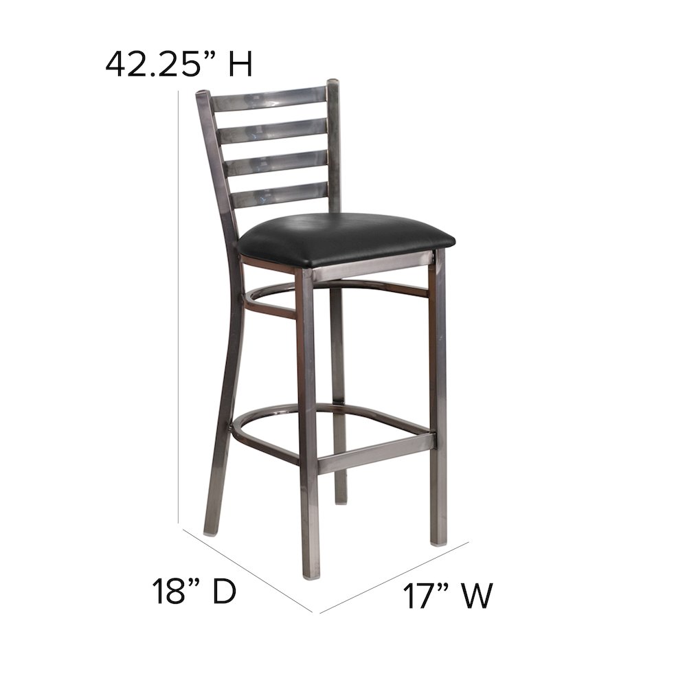 Clear Coated Ladder Back Metal Restaurant Barstool - Black Vinyl Seat. Picture 6