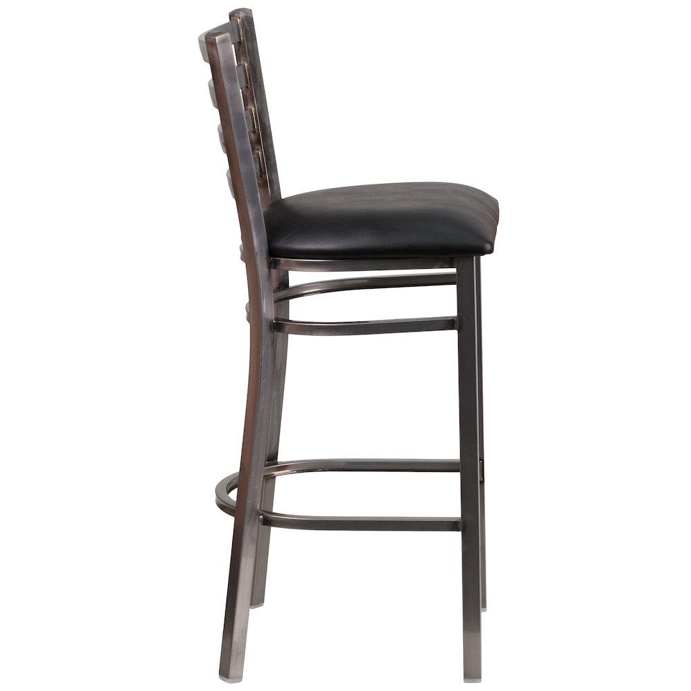 Clear Coated Ladder Back Metal Restaurant Barstool - Black Vinyl Seat. Picture 9
