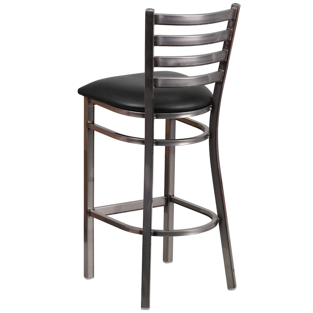 Clear Coated Ladder Back Metal Restaurant Barstool - Black Vinyl Seat. Picture 7