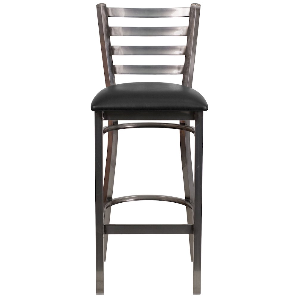 Clear Coated Ladder Back Metal Restaurant Barstool - Black Vinyl Seat. Picture 10