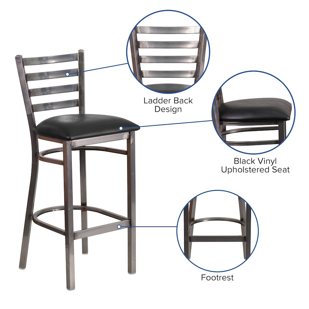 Clear Coated Ladder Back Metal Restaurant Barstool - Black Vinyl Seat. Picture 5
