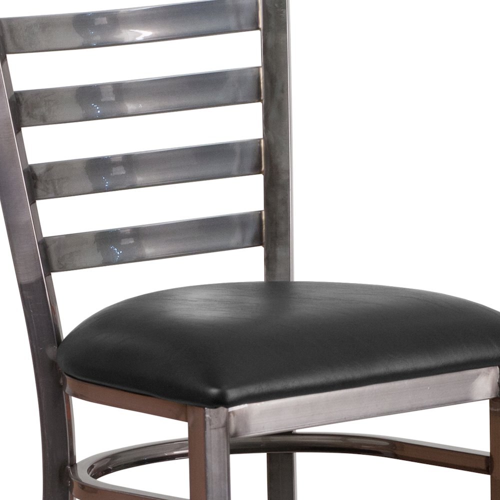 Clear Coated Ladder Back Metal Restaurant Barstool - Black Vinyl Seat. Picture 11