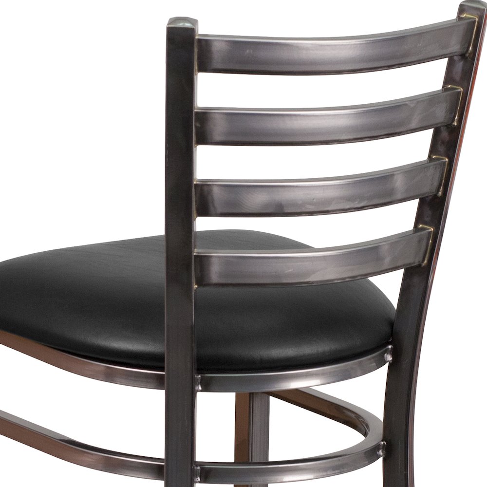 Clear Coated Ladder Back Metal Restaurant Barstool - Black Vinyl Seat. Picture 8