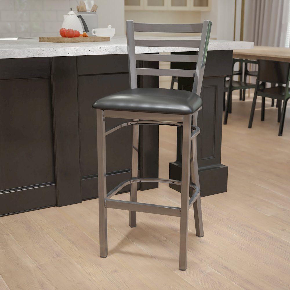 Clear Coated Ladder Back Metal Restaurant Barstool - Black Vinyl Seat. Picture 2