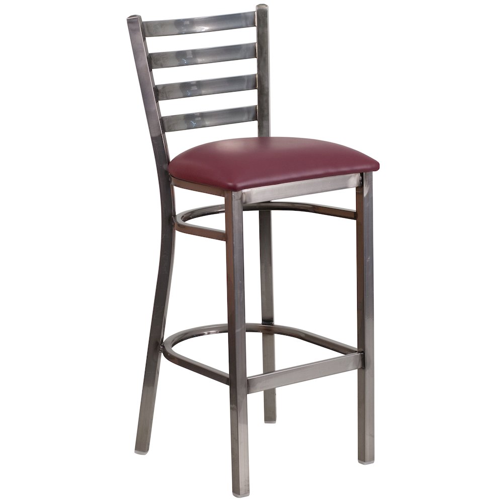 Clear Coated Ladder Back Metal Restaurant Barstool - Burgundy Vinyl Seat. Picture 1