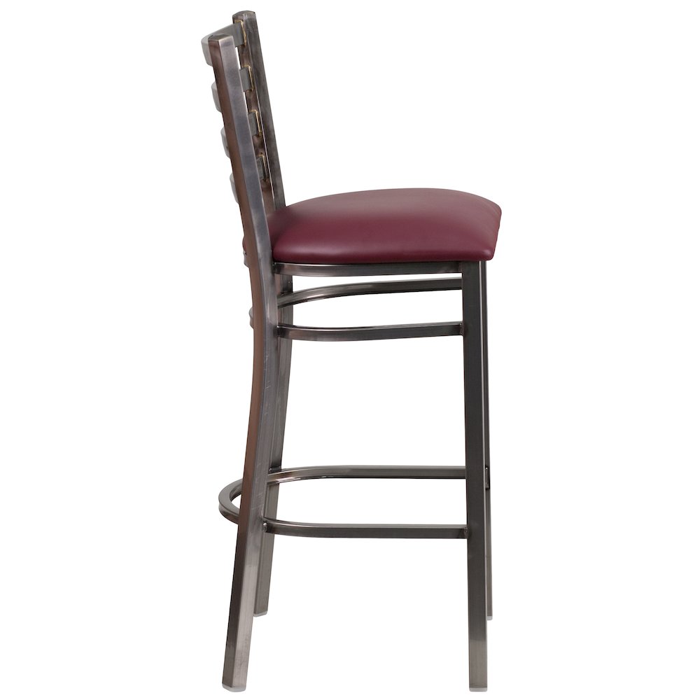 Clear Coated Ladder Back Metal Restaurant Barstool - Burgundy Vinyl Seat. Picture 5