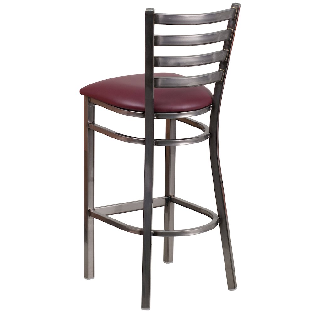 Clear Coated Ladder Back Metal Restaurant Barstool - Burgundy Vinyl Seat. Picture 4