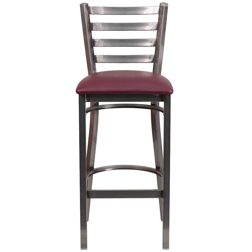 Clear Coated Ladder Back Metal Restaurant Barstool - Burgundy Vinyl Seat. Picture 6