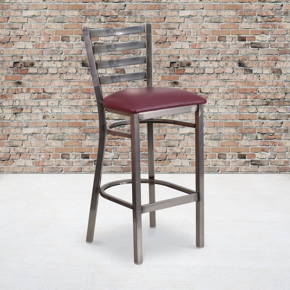 Clear Coated Ladder Back Metal Restaurant Barstool - Burgundy Vinyl Seat. Picture 2