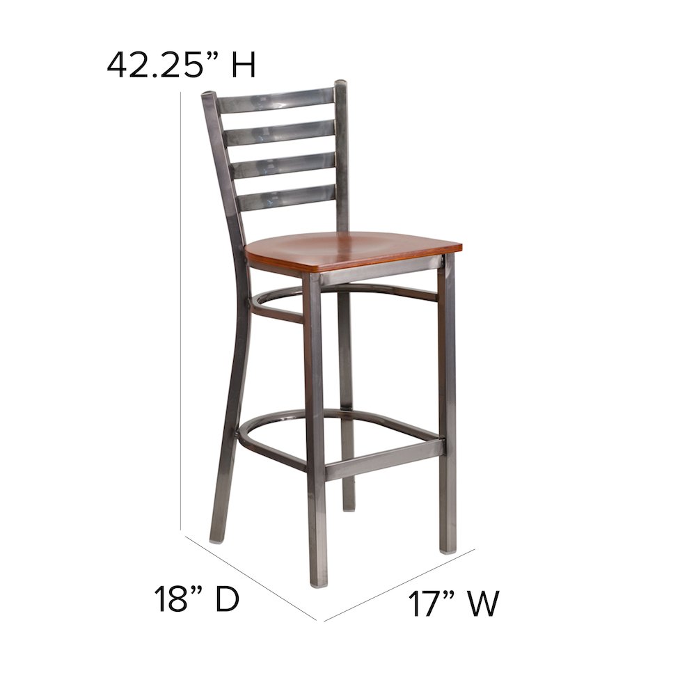 Clear Coated Ladder Back Metal Restaurant Barstool - Cherry Wood Seat. Picture 5