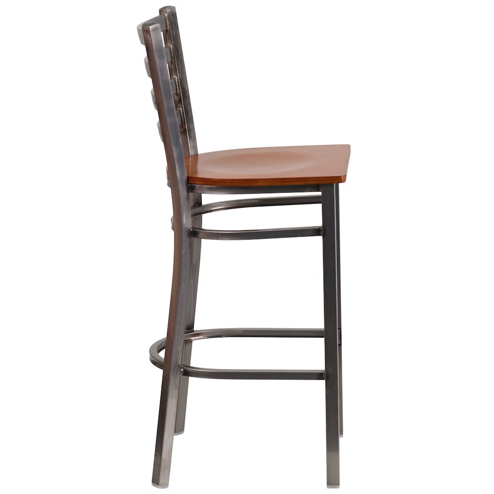 Clear Coated Ladder Back Metal Restaurant Barstool - Cherry Wood Seat. Picture 8