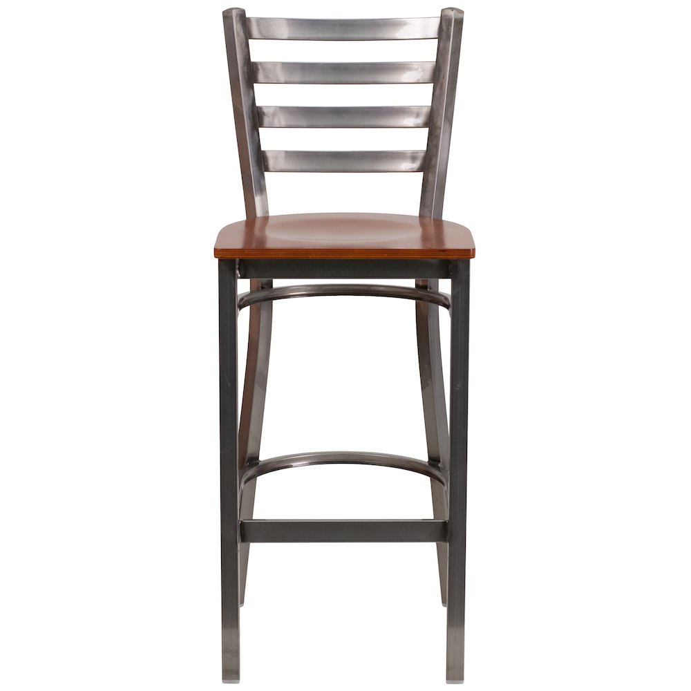 Clear Coated Ladder Back Metal Restaurant Barstool - Cherry Wood Seat. Picture 9