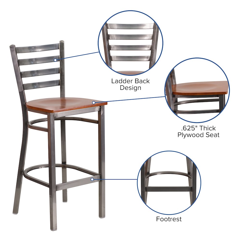 Clear Coated Ladder Back Metal Restaurant Barstool - Cherry Wood Seat. Picture 4