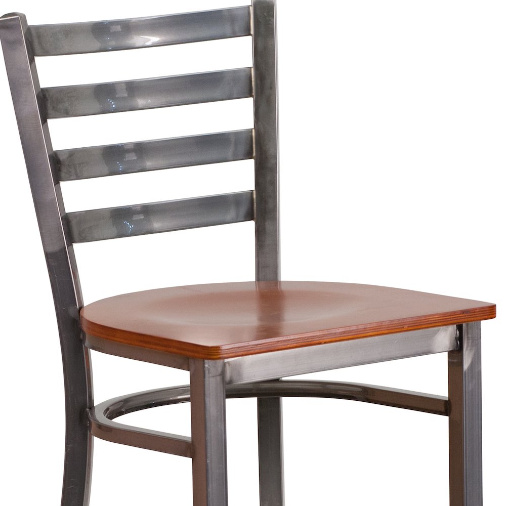 Clear Coated Ladder Back Metal Restaurant Barstool - Cherry Wood Seat. Picture 7