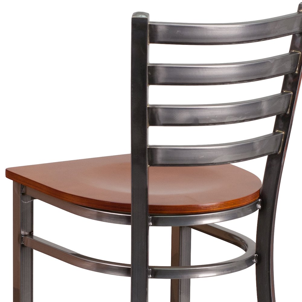 Clear Coated Ladder Back Metal Restaurant Barstool - Cherry Wood Seat. Picture 10