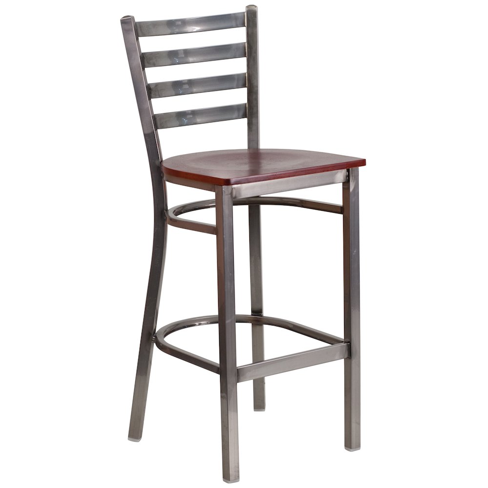 Clear Coated Ladder Back Metal Restaurant Barstool - Mahogany Wood Seat. Picture 1