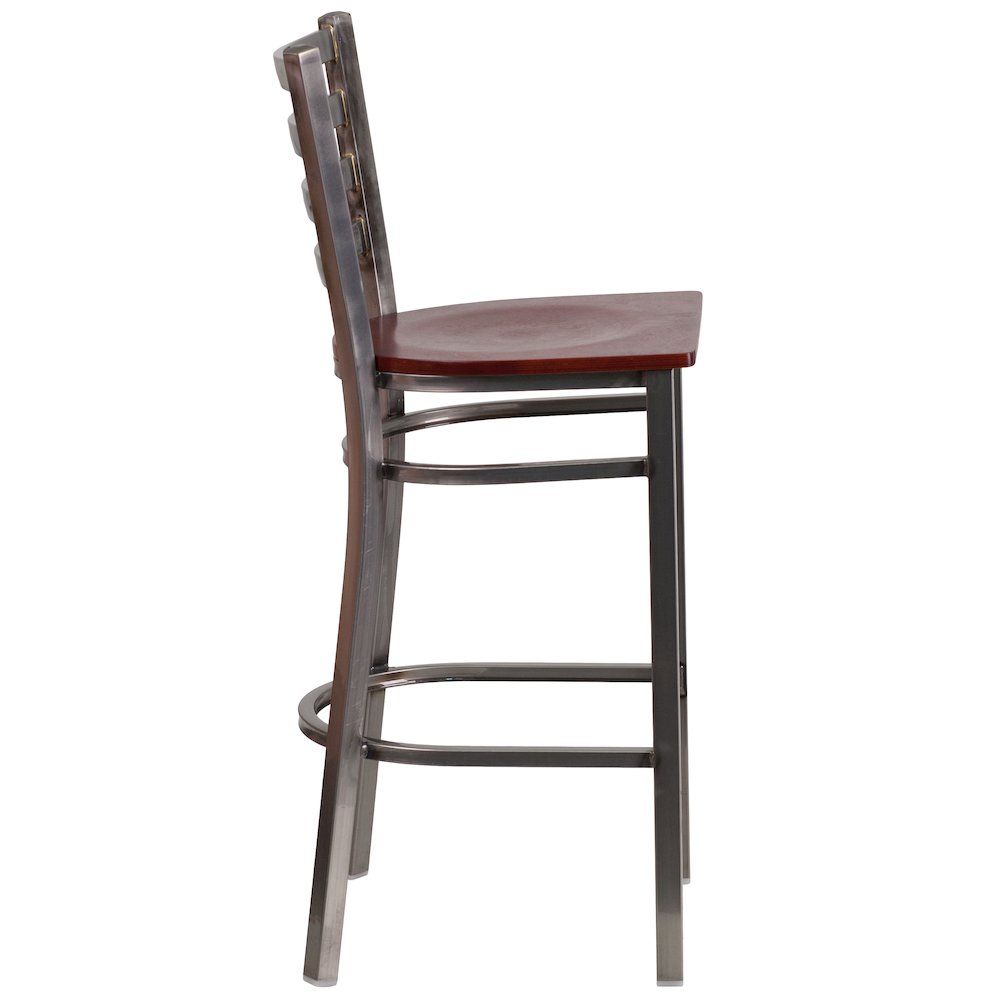Clear Coated Ladder Back Metal Restaurant Barstool - Mahogany Wood Seat. Picture 5