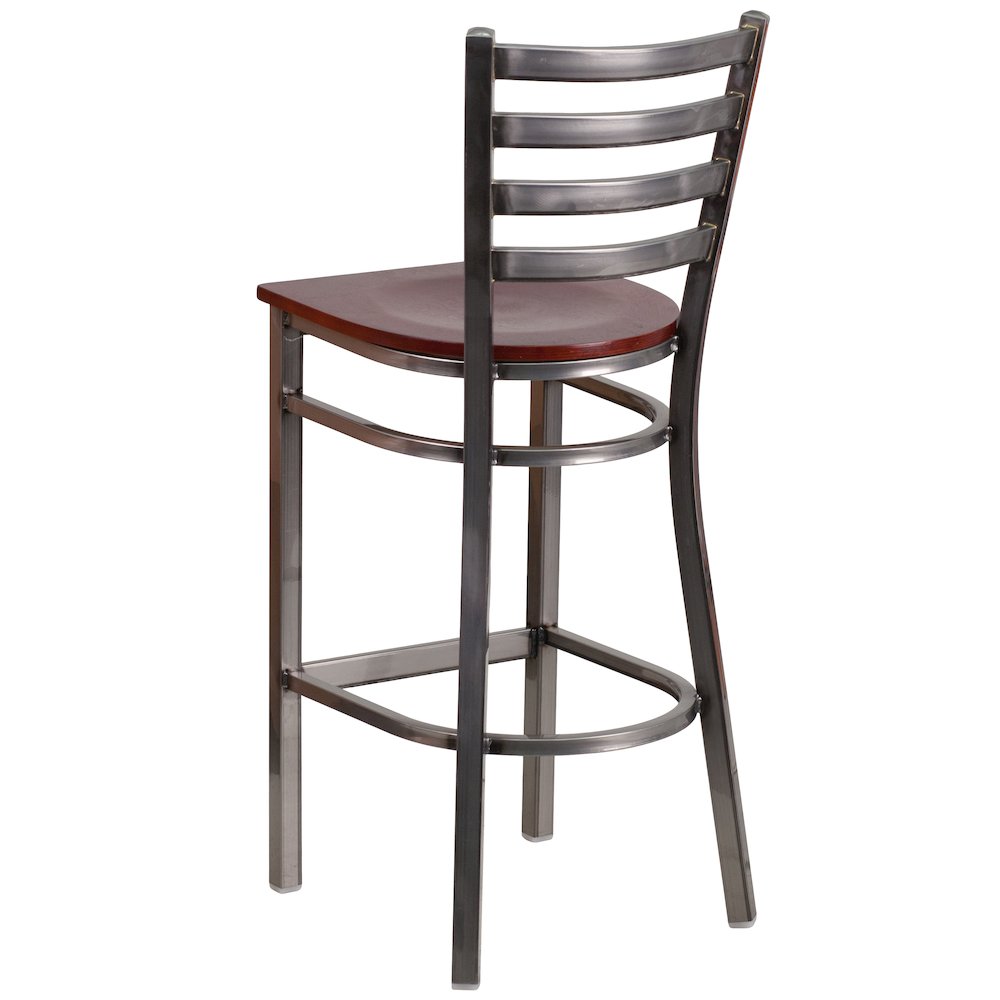 Clear Coated Ladder Back Metal Restaurant Barstool - Mahogany Wood Seat. Picture 4