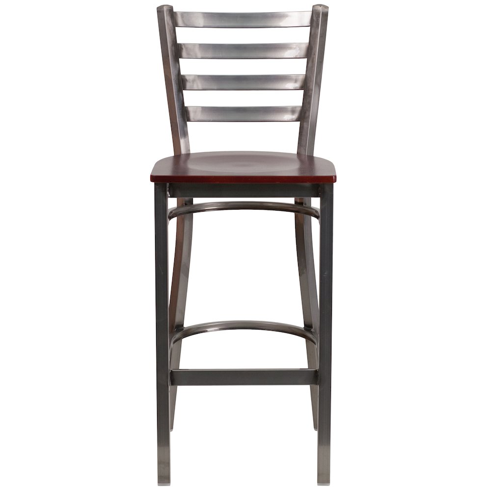 Clear Coated Ladder Back Metal Restaurant Barstool - Mahogany Wood Seat. Picture 6