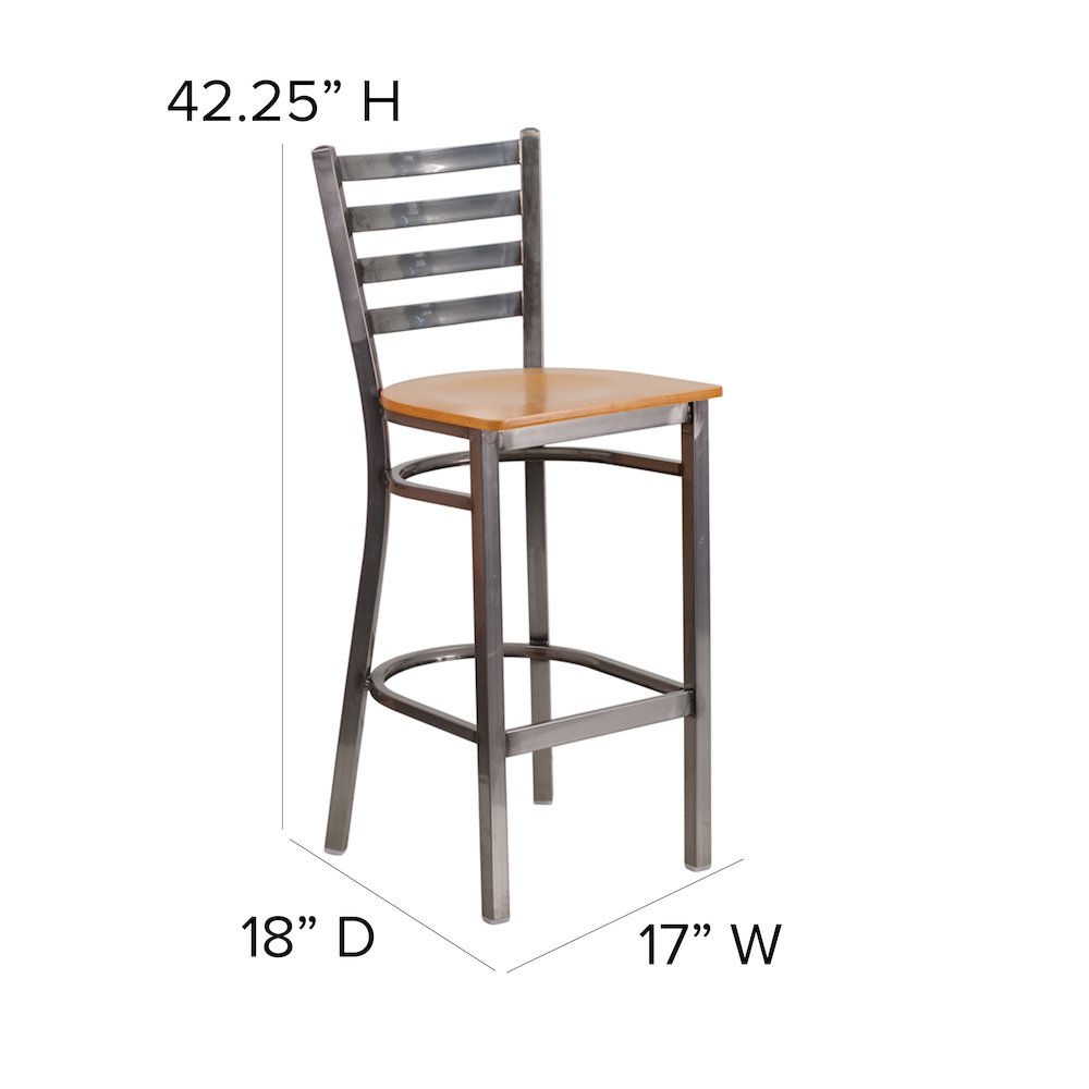 Clear Coated Ladder Back Metal Restaurant Barstool - Natural Wood Seat. Picture 5