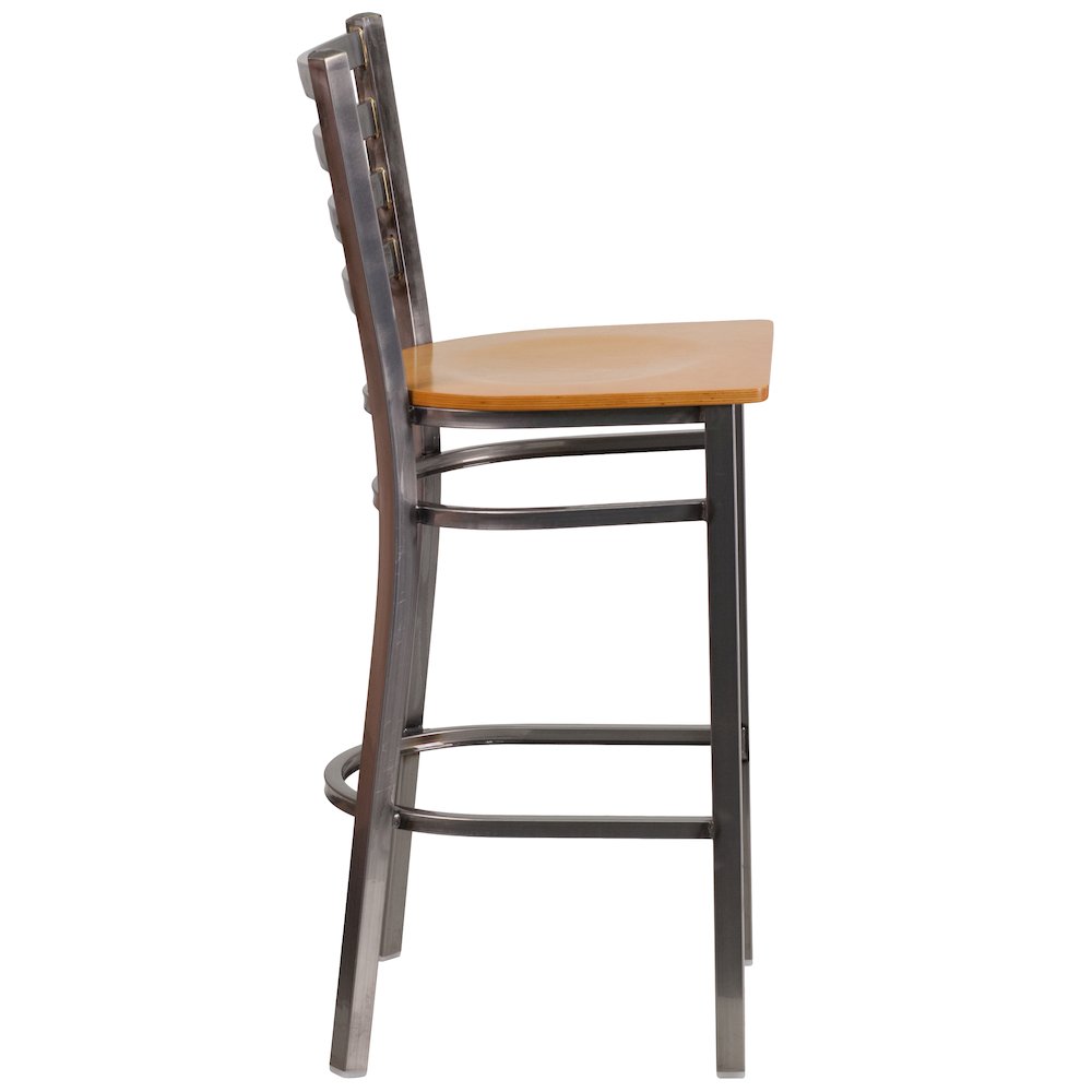 Clear Coated Ladder Back Metal Restaurant Barstool - Natural Wood Seat. Picture 8
