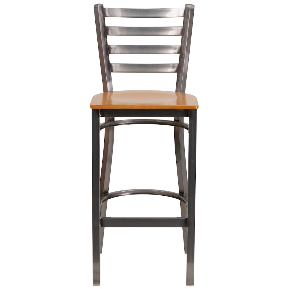 Clear Coated Ladder Back Metal Restaurant Barstool - Natural Wood Seat. Picture 9