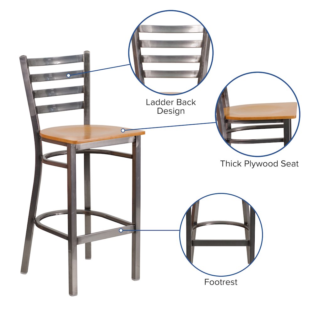 Clear Coated Ladder Back Metal Restaurant Barstool - Natural Wood Seat. Picture 4