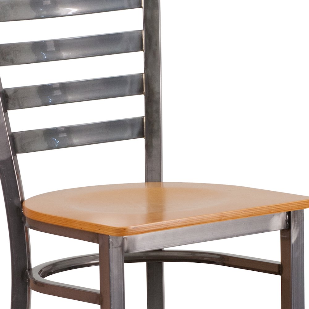 Clear Coated Ladder Back Metal Restaurant Barstool - Natural Wood Seat. Picture 7
