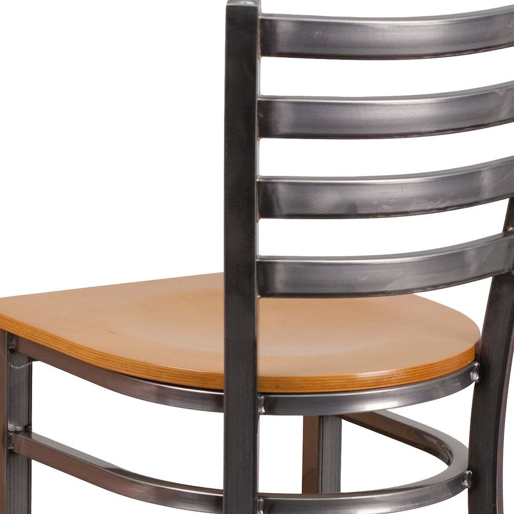 Clear Coated Ladder Back Metal Restaurant Barstool - Natural Wood Seat. Picture 10