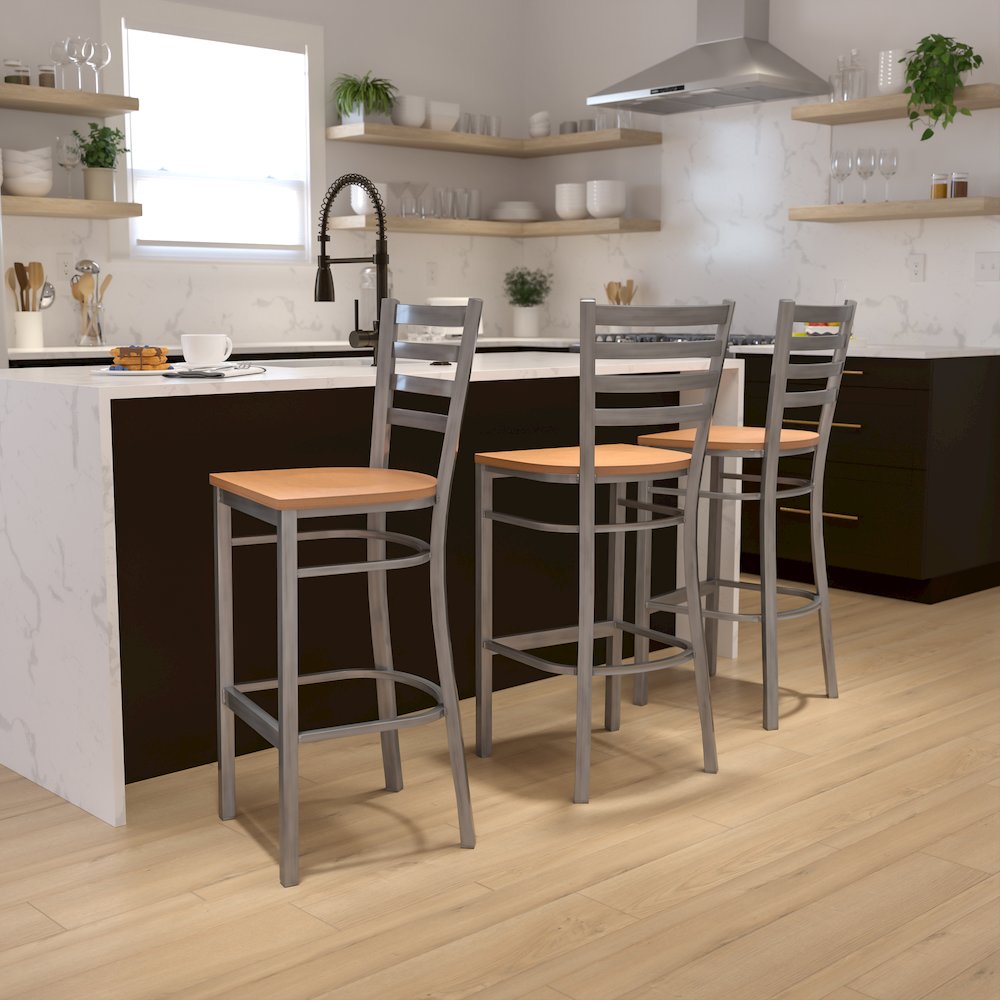 Clear Coated Ladder Back Metal Restaurant Barstool - Natural Wood Seat. Picture 2